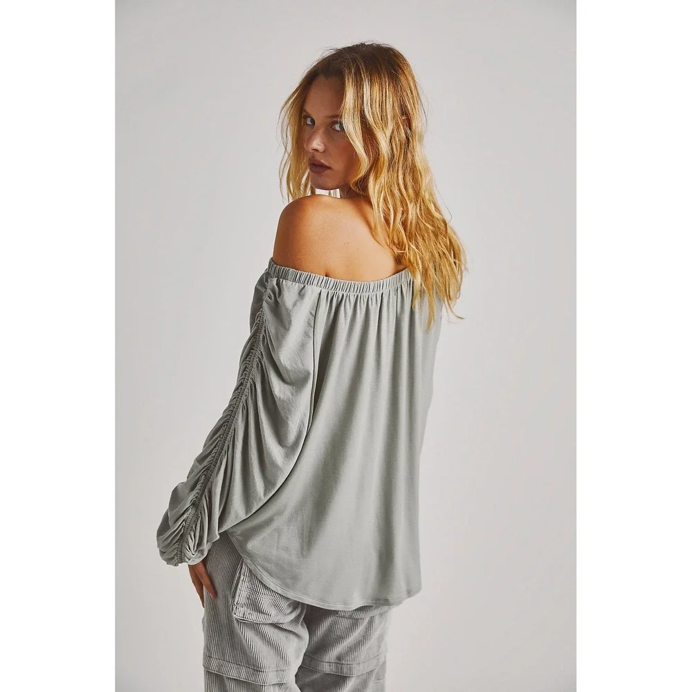 Free People Care FP Serenade Tee XS Gray Tencel Off Shoulder Ruched Top NWOT